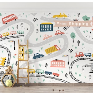 Traffic Cars and Trains Kid&#39;s Wallpaper Vehicles Peel & Stick Wallpaper NonWoven Railroad Nursery Wallpaper Textured Playroom Wall Print