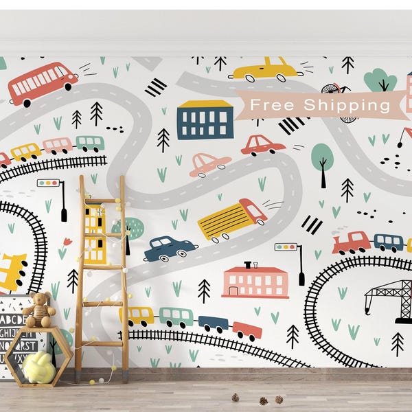 Traffic Cars and Trains Kid's Wallpaper Vehicles Peel & Stick Wallpaper NonWoven Railroad Nursery Wallpaper Textured Playroom Wall Print