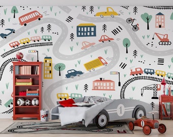 Traffic Cars and Trains Kid's Wallpaper Vehicles Peel & Stick Wallpaper NonWoven Railroad Nursery Wallpaper Textured Playroom Wall Print