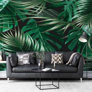 Tropical Leaves Peel & Stick Wallpaper Green Leaf Wall Mural Bedroom Wall Decal NonWoven Banana Leaves Wallpaper Textured Wall Print