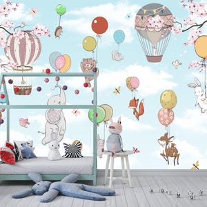 Kids Elephant and Bunny with Balloons Wallpaper Peel & Stick Nursery Room Wall Mural Cute Animals Removable Decal Baby Animal Stickers