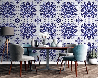 Abstract Ceramic Tile Pattern Wallpaper Blue Porcelain Decor Wall Mural Abstract Dining Room Wall Decor Peel and Stick Wall Decal