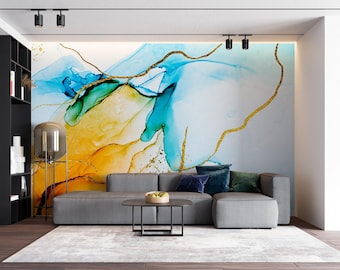 Turkoois goud marmer Peel and Stick-behang Kleurrijke marmeren kunst muurschildering abstracte kunst muur decor vlies behang ideeën slaapkamer