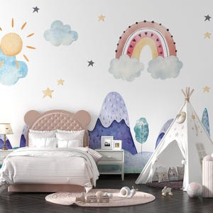 Kids Rainbow Peel and Stick Wallpaper Cute Snowy Mountains Removable Wall Mural Kids Bedroom Sun and Skies Non Woven Wall Decal