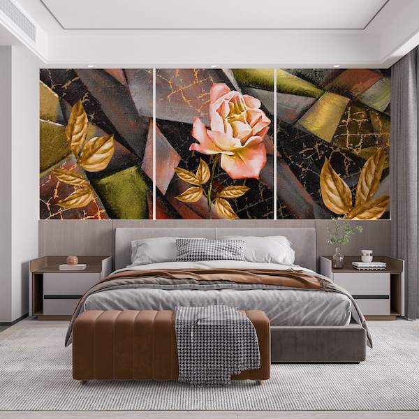 Hand Drawn Oil Painting Wallpaper Triptych with Rose Wall Mural Abstract Art Background on Canvas Self Adhesive Wallpaper Peel & Stick