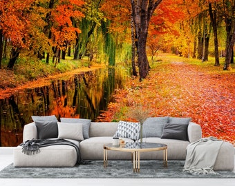 Orange and Yellow Colored Trees By the River Wallpaper Fell the vibes of Autumn in your homeRemovable and SelfAdhesive Stick&Peel Unpaste