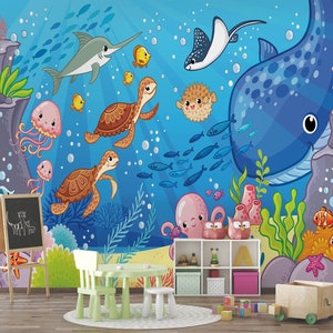 Papel tapiz submarino de animales de dibujos animados, mural de pared grande, papel tapiz autoadhesivo, papel tapiz removible, calcomanía de pared despegable y pegable