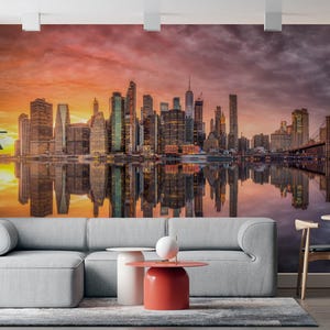 New York City Skyline Sunset Selfadhesive Wall Decal – Grab Your Chance to Bring NYC at Home or in the Workplace Peel & Stick Unpasted