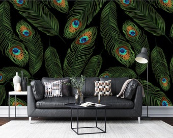 Peacock Feather Wallpaper  Plumage Wall Art  BlueGreen Feathers Tropical Design Wallpaper  Peel and Stick Removable Wall Decor Unpasted