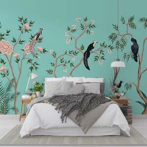 花柄シノワズリデザイン壁紙 ローズツリー壁画 自己粘着 剥がして貼るだけ 花と鳥の壁紙 糊なし