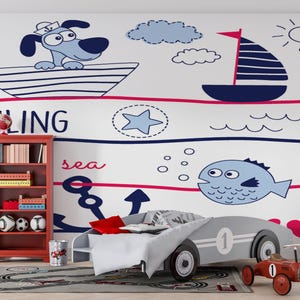 Sailing with Dog Wallpaper  Kids Design  Blue Print  Removable Selfadhesive Wallpaper Peel & Stick Blue Sailing Decal Unpasted