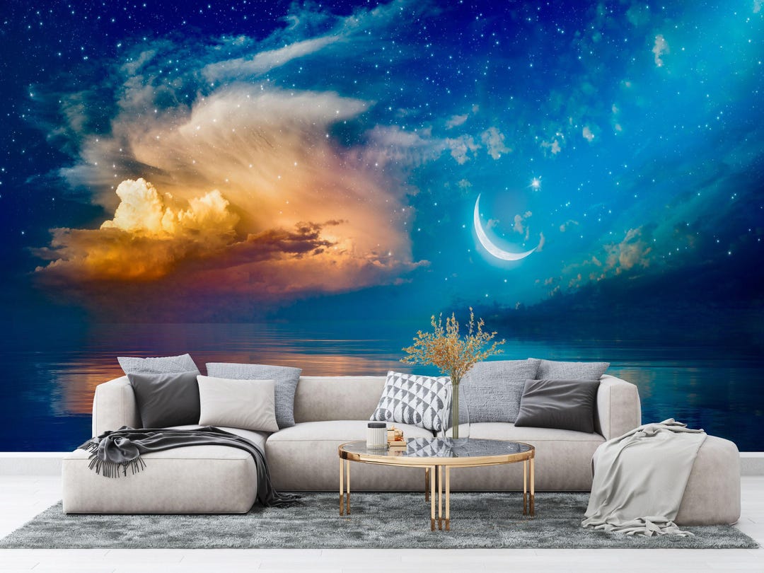 Night Sky Wallpaper Mural | Crescent Moon, Stars, Clouds | Peel & Stick ...