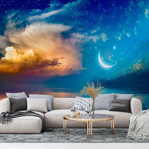 Papier peint ciel nocturne paisible et calme, grande décoration murale ciel amovible, étoiles croissants et nuages ravissants