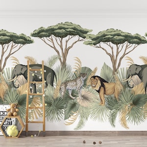 Jungle Tropical Wallpaper for Kids with Animals Boys Safari Jungle Animals Wallpaper Safari Mural with Lion Elephant Watercolor Wallpaper