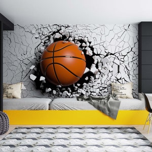 Peel & Stick 3D Basketball Wallpaper Boy's Unpasted Wall Breaking Wall Art Teenager Cool Bedroom Sports Giant Wall Print Room Decor Ideas