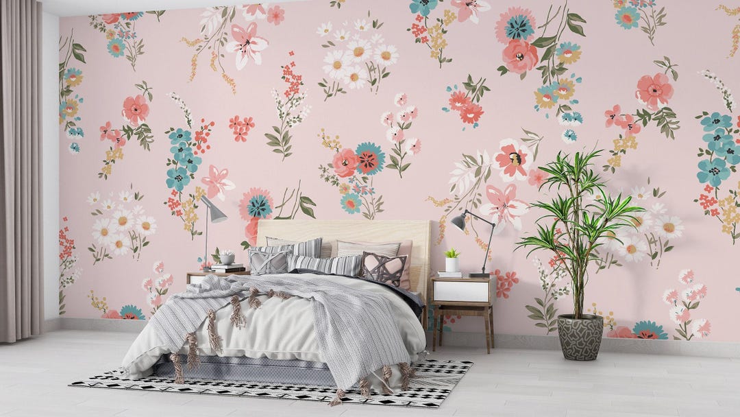 Floral Peel & Stick Wallpaper Unpasted and Colorful Flowers Wall Mural ...