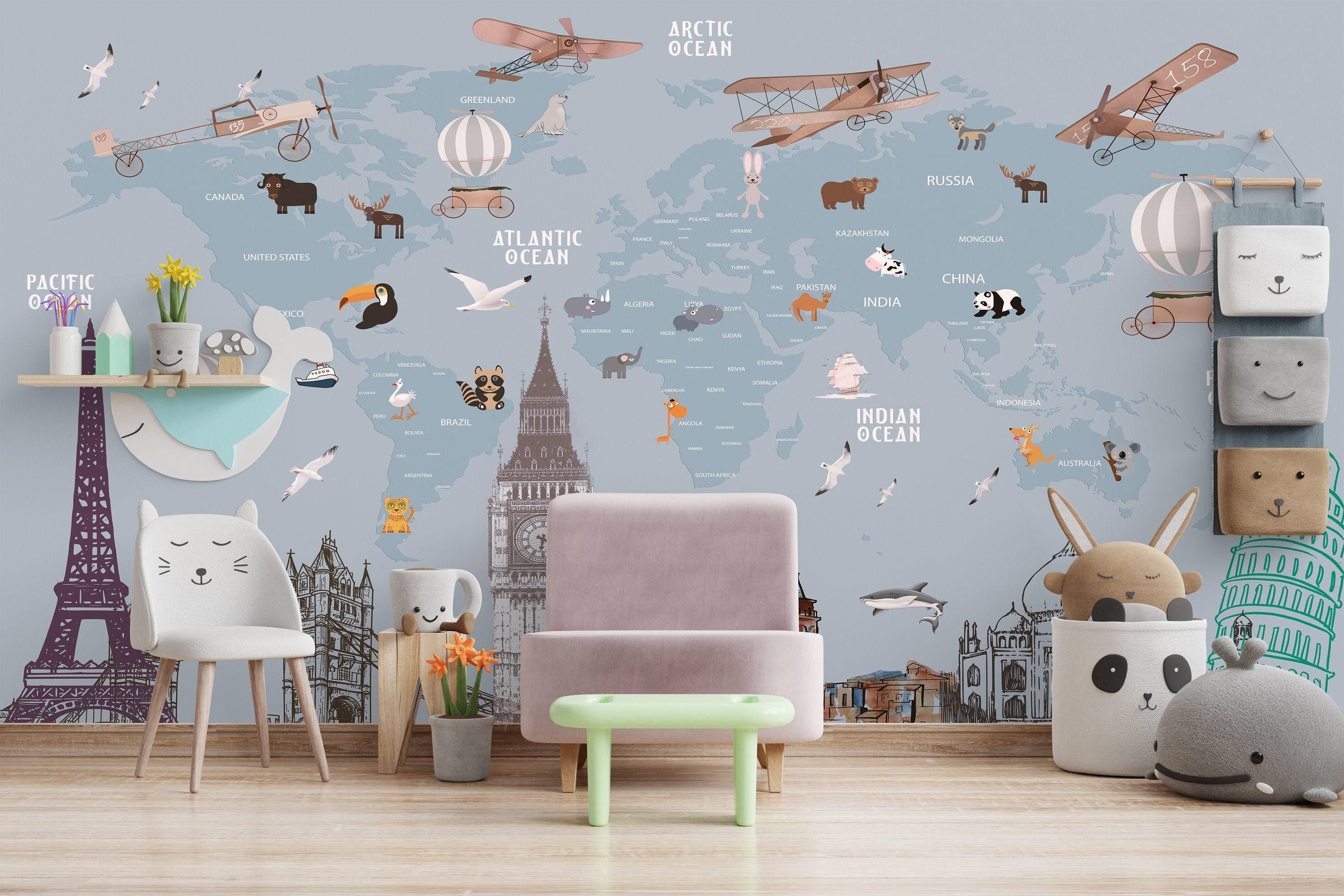 Kids World Map Wallpaper Animals & Landmarks Peel and Stick Mural - Etsy