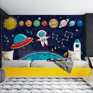 Carta da parati con pianeti, murale colorato del sistema solare, adesivo murale spaziale per bambini