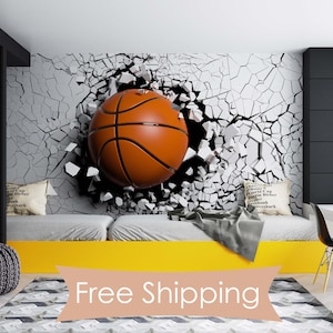 Peel & Stick 3D Basketball Tapete Jungen, nicht eingefügtes Jugendzimmer Wandkunst Cooles Schlafzimmer Sport Abnehmbarer selbstklebender Wanddruck Raumdekor-Idee