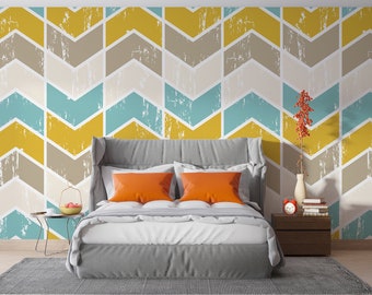 Chevron Pattern Peel and Stick Wallpaper Pastel Colors Removable Wall Mural Distressed Geometric Wall Print NonWoven Bedroom Wallpaper