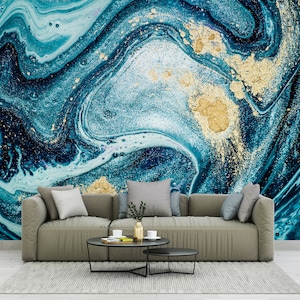 Turquoise Gold Marble Peel and Stick Wallpaper Colorful Marble Art Mural  Abstract Art Wall Decor NonWoven Living Room Wallpaper Ideas