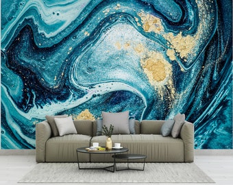 Turquoise Gold Marble Peel and Stick Wallpaper Colorful Marble Art Mural  Abstract Art Wall Decor NonWoven Living Room Wallpaper Ideas