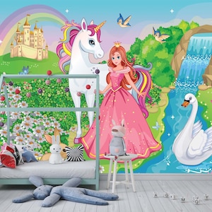 Magical Land Princess with Unicorn and Swan Wallpaper  Beauty and Fantasy Fabric Wallpaper  Peel and Stick wallpaper Unpasted Wallpaper
