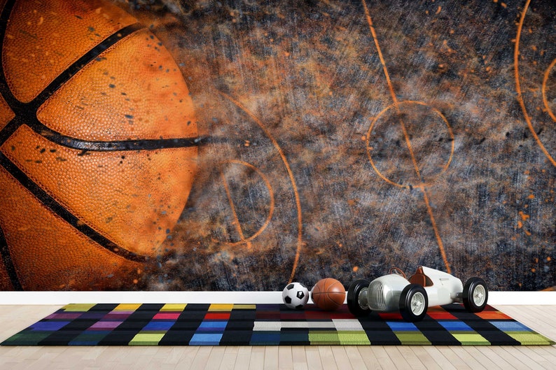 Peel & Stick Basketball Wallpaper Boy's Unpasted Basketball Wall Art Teenager Cool Bedroom Sports Giant Wall Print Room Decor Ideas image 1