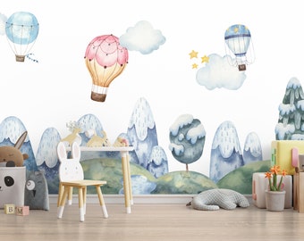 Kids Hot Air Baloon Peel and Stick Wallpaper Cute Snowy Mountains Removable Wall Mural Kids Bedroom Cute Non Woven Wall Decal