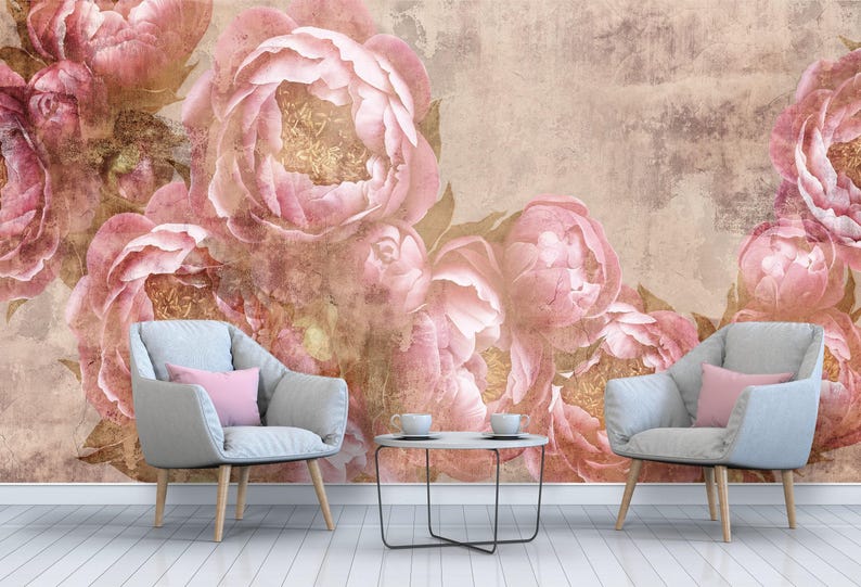 Pink Peony Wallpaper Mural - Floral Peel and Stick Wallpaper - Etsy