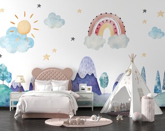 Kids Rainbow Peel and Stick Wallpaper Cute Snowy Mountains Removable Wall Mural Kids Bedroom Sun and Skies Non Woven Wall Decal