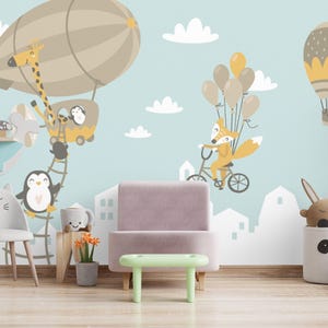 Kids Penguin and Fox Wallpaper Zeppelin and Air Balloons Peel & Stick Wall Mural Nursery Room NonWoven Wallpaper Kids Large Wall Print