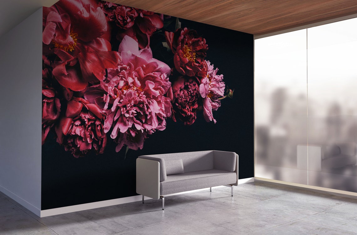 Dark Floral Peonies Wallpaper Large Wall Mural - Etsy