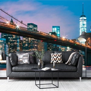 Carta da parati con vista meravigliosa del ponte di Brooklyn al tramonto: riduci la fatica di portare a termine il progetto di ristrutturazione della tua camera da letto. Attacca e stacca senza incollare.