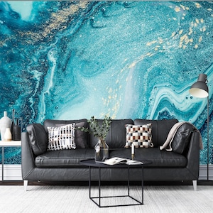 Papier peint autocollant en marbre turquoise doré, art mural en marbre coloré, décoration murale non tissée, papier peint de chambre à coucher