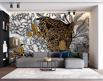 Leopard and Peonies Removable Wallpaper Floral Pattern with Animals and Garden Flowers Wall Mural Bedroom Decor Living Room Wall Decal