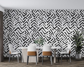 Schwarz-Weiße Geometrische Tapete zum Abziehen und Aufkleben Abstraktes Vlies Wandbild