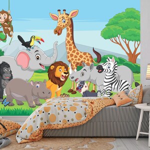 Cartoon Wild Animals in the Jungle Wallpaper  Large Wall Mural Selfadhesive Fabric Wallpaper Removable WallpaperPeel & Stick Wall Decal