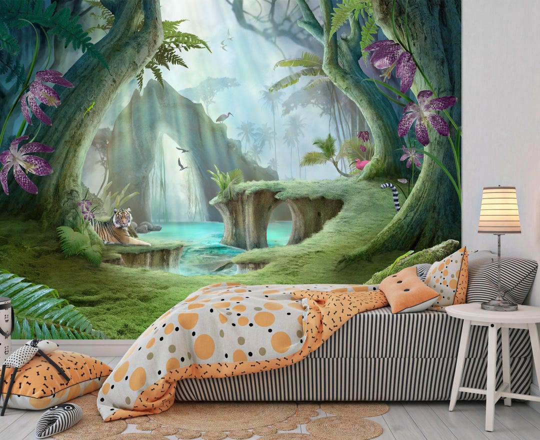 Tiger Jungle Lake Wallpaper Mural - Peel and Stick Fabric Wall Decal - Etsy