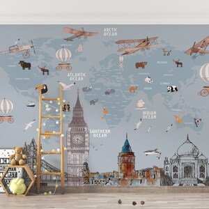 Kinder Tiere Weltkarte Wallpaper Kinderzimmer Karte mit Eiffelturm Wandbild Kinderzimmer Pisa Turm Peel & Stick Wallpaper Kinder Big Ben Wandbild