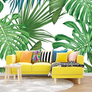 Tropical Palm and Monstera Leaves Peel & Stick Wallpaper Green Leaf Wall Mural Bedroom Wall Decal NonWoven Dark Green Leaves Wallpaper