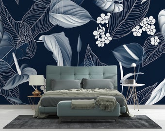 Anthurium Flowers with Leaves in Blue Tone Wallpaper Tropical Peel and Stick Wall Mural Tropical Floral Wall Decal Floral Bedroom Decor