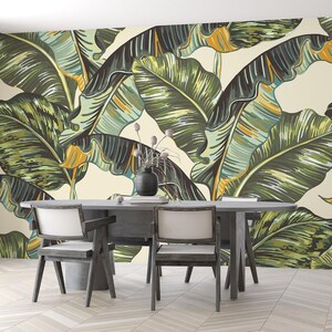 Tropical Palm Leaves Peel & Stick Wallpaper Jungle Green Leaf Wall Mural Bedroom Wall Decal NonWoven Dark Green Leaves Wallpaper