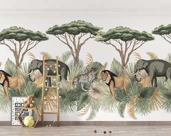Jungle Tropical Wallpaper for Kids with Animals Boys Safari Jungle Animals Wallpaper Safari Mural with Lion Elephant Watercolor Wallpaper