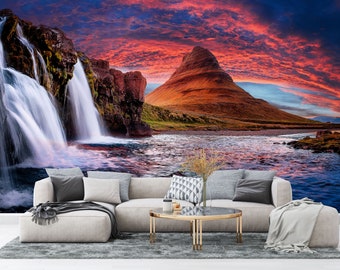 Sunset Over the Majestic Kirkjufell Waterfalls Large DIY Wallpaper – Be Ready to Explore the Wonders of Nature Stick&Peel Unpasted