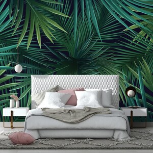 Tropical Leaves Peel & Stick Wallpaper Green Leaf Wall Mural Bedroom Wall Decal NonWoven Dark Green Leaves Wallpaper