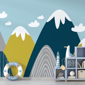 Kids Peel and Stick Wallpaper Mountain Baby Nursery Room Wall Mural Cute Cartoon Mountain Children Decal Toddler Playroom Room Decor for Boy