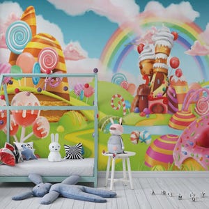 Candy Land behangmuurschildering, zoet thema meisjes slaapkamerdecoratie