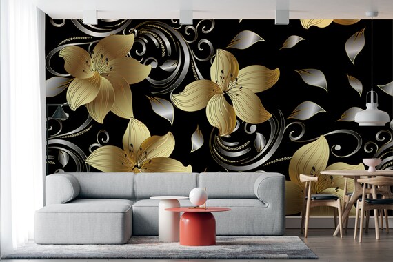 Home & Living 3D Golden Flowers Floral Wall Mural Wall Decor Four Giant ...