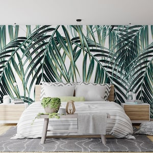Behang tropische bladeren donkergroen rustiek Peel-and-Stick non-woven